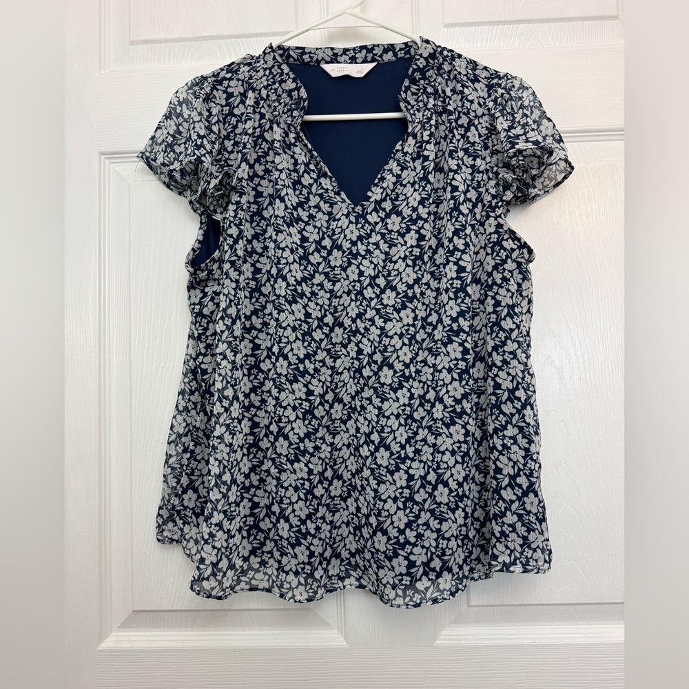 LC Lauren Conrad Navy and White Floral Blouse